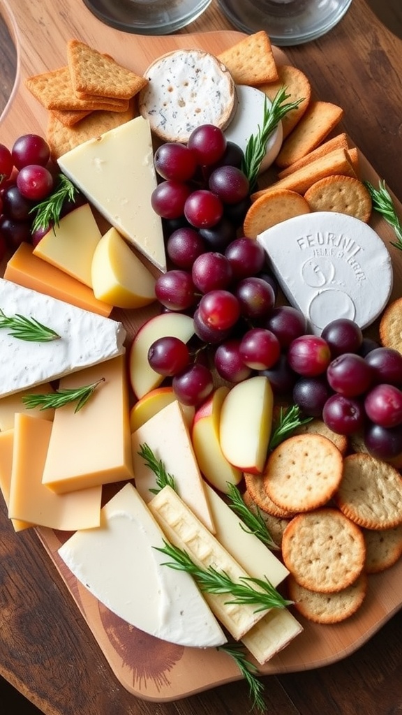 A colorful cheese platter with various cheeses, fruits, and crackers, ideal for pairing with wine.